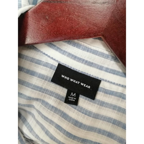 WHO WHAT WEAR Blue Striped Button Up Shirt Top Size Medium - Picture 8 of 9